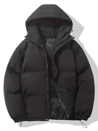 Schwarze Daunenjacke mit Kapuze, Reißverschluss, warm, Wintermode, Herrenbekleidung.