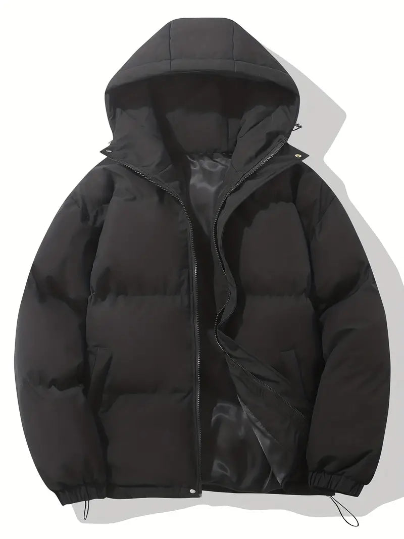 Schwarze Daunenjacke mit Kapuze, Reißverschluss, warm, Wintermode, Herrenbekleidung.