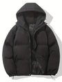 Schwarze Daunenjacke mit Kapuze, Reißverschluss, warm, Wintermode, Herrenbekleidung.