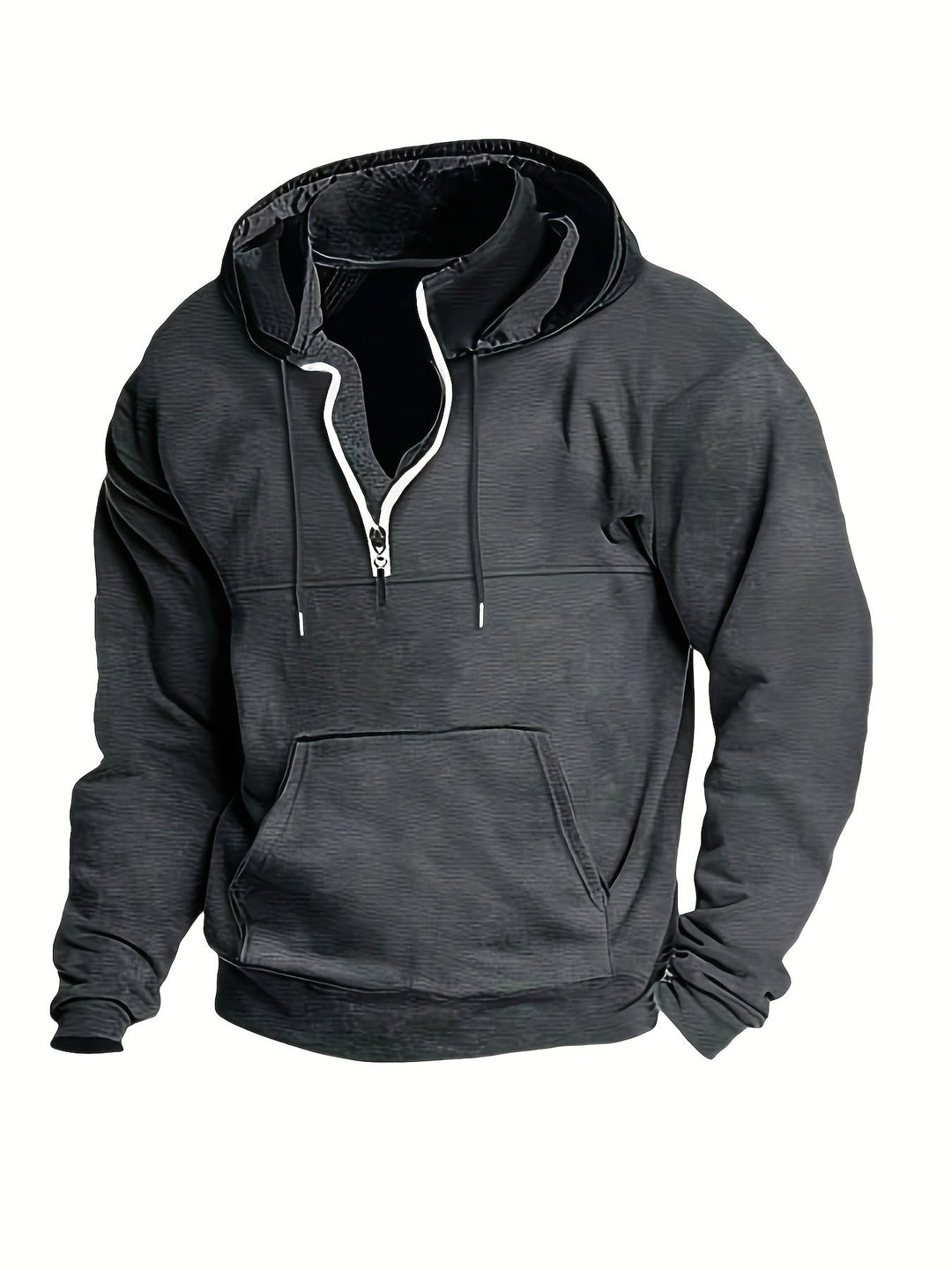 Schwarzer Herren-Hoodie mit Reißverschluss, Kapuze und Kängurutasche, Baumwolle, Freizeitmode.