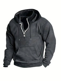 Schwarzer Herren-Hoodie mit Reißverschluss, Kapuze und Kängurutasche, Baumwolle, Freizeitmode.