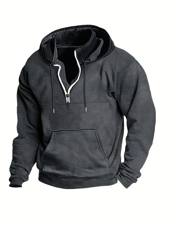 Schwarzer Herren-Hoodie mit Reißverschluss, Kapuze und Kängurutasche, Baumwolle, Freizeitmode.