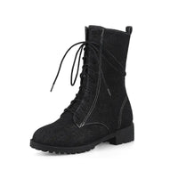 Schwarzer Damen-Schnürstiefel, robust, aus Leder, mit Blockabsatz und Profilsohle.