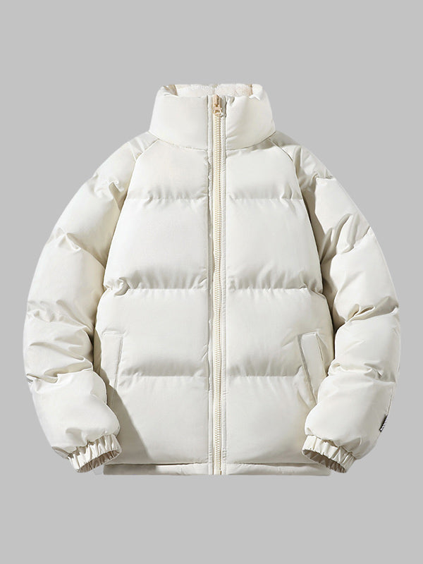 Weiße Daunenjacke, Reißverschluss, Wintermode, warm, unisex, gesteppte Pufferjacke.