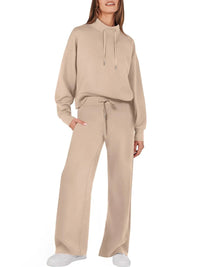 Damen Zweiteiler Set, beige, Kapuzenpullover und Hose, Freizeitmode, bequem, lässig.