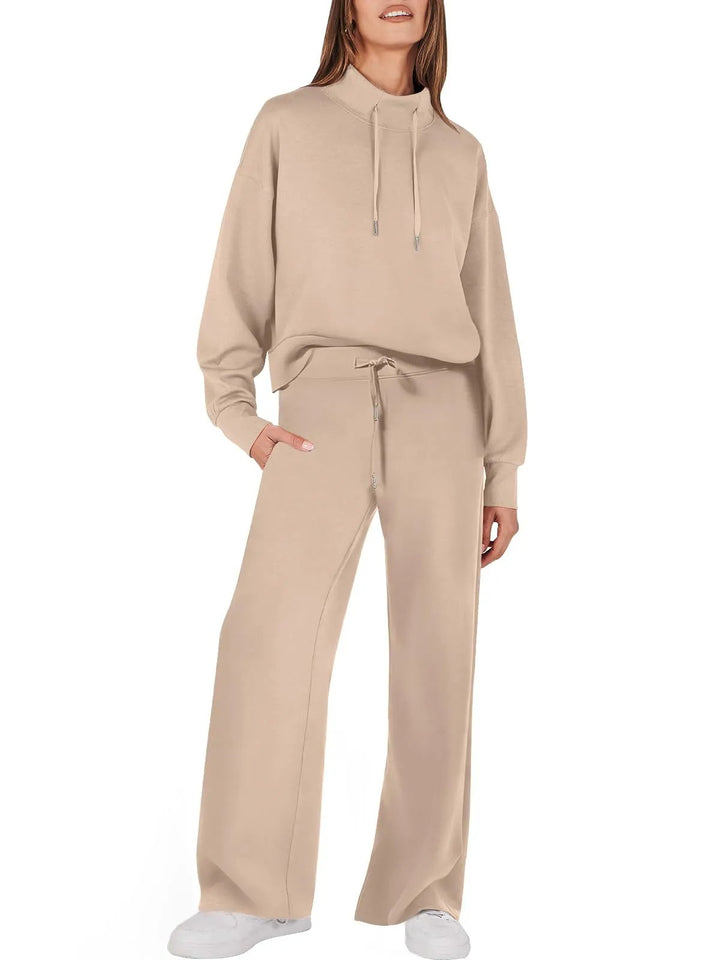 Damen Zweiteiler Set, beige, Kapuzenpullover und Hose, Freizeitmode, bequem, lässig.
