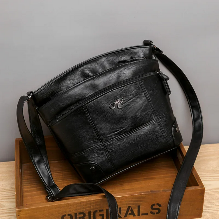 Schwarze Damen-Ledertasche, Crossbody, modisch, große Kapazität, Retro-Design, Schulterriemen.