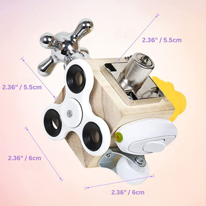 Holz-Sensorwürfel mit Schaltern, Fidget Spinner und Steckdose, 6x6x5,5 cm, Lernspielzeug