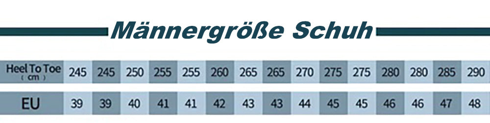 Schuhgrößentabelle für Männer, EU-Größen 39-48, Zentimeterangaben, Schuhgrößenvergleich.