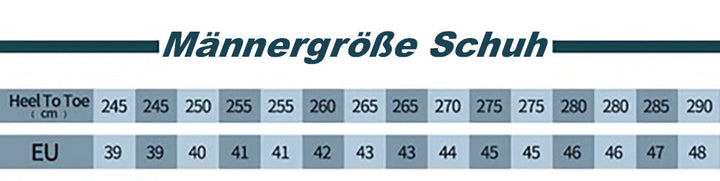 Schuhgrößentabelle für Männer, EU-Größen 39-48, Zentimeterangaben, Schuhgrößenvergleich.