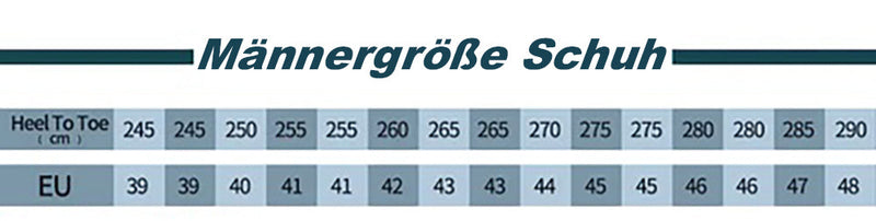 Schuhgrößentabelle für Männer, EU-Größen 39-48, Zentimeterangaben, Schuhgrößenvergleich.