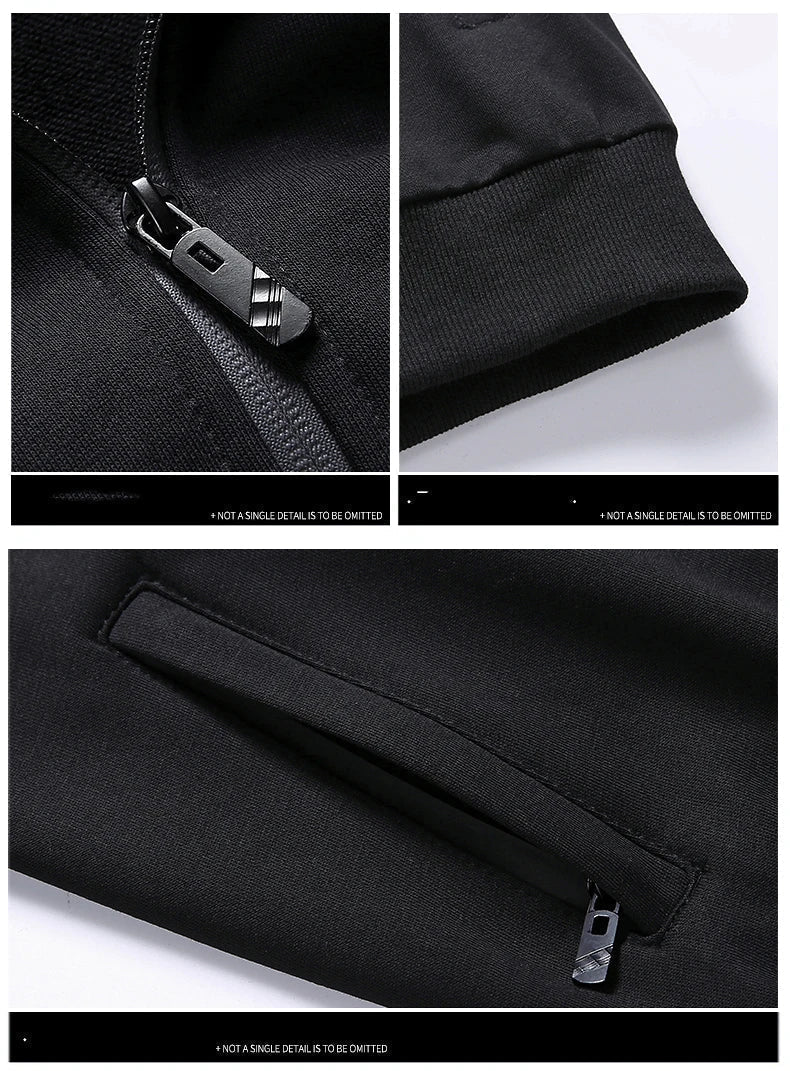 Schwarzes Herren-Trainingsanzug-Set, Reißverschluss-Details, Streetwear, Sportbekleidung.