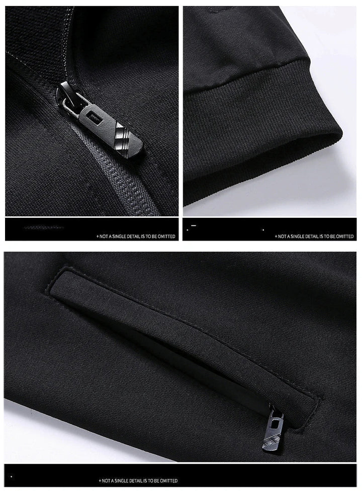 Schwarzes Herren-Trainingsanzug-Set, Reißverschluss-Details, Streetwear, Sportbekleidung.