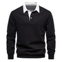 Schwarzes Herren-Polo-Sweatshirt, Baumwolle, Herbstmode, weißer Kragen, langärmelig.
