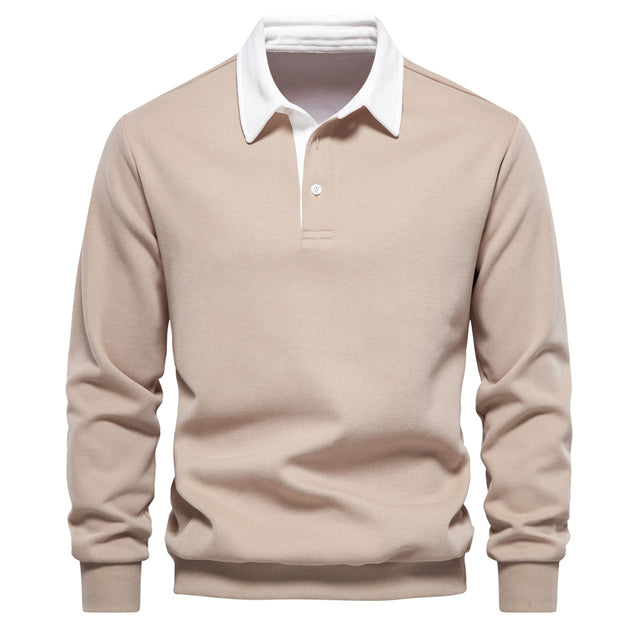 Beiges Herren-Polo-Sweatshirt, Baumwolle, Herbstmode, langärmelig, klassischer Kragen.