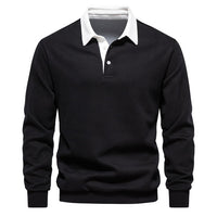 Schwarzes Polo-Sweatshirt für Herren, Baumwolle, Herbstmode, weißer Kragen, langärmelig.