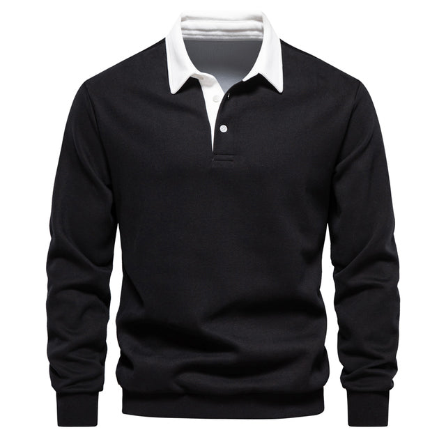 Schwarzes Polo-Sweatshirt für Herren, Baumwolle, Herbstmode, weißer Kragen, langärmelig.