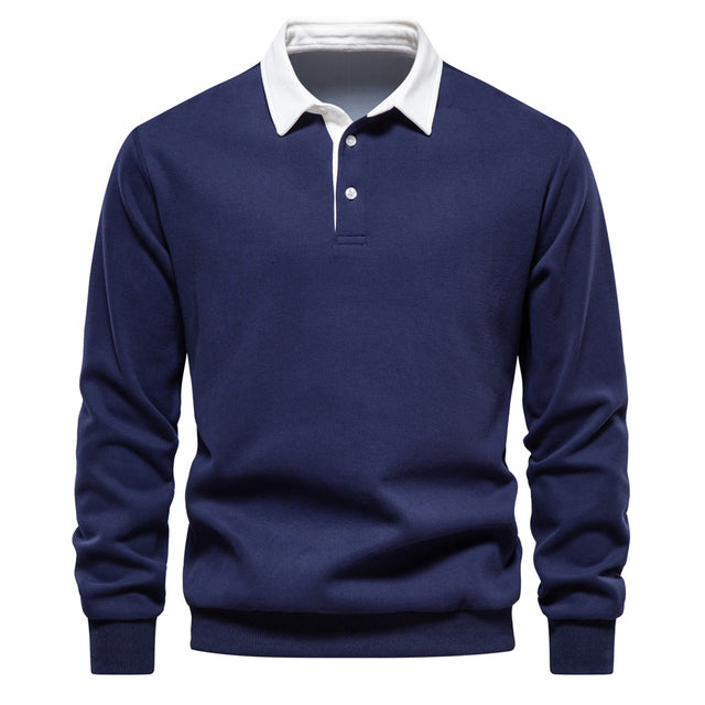 Dunkelblaues Herren-Polo-Sweatshirt, Baumwolle, Herbstmode, weißer Kragen, langärmelig.