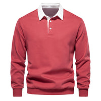 Rotes Herren-Polo-Sweatshirt, Baumwolle, Herbstmode, langärmelig, weißer Kragen.