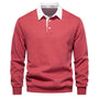 Rotes Herren-Polo-Sweatshirt, Baumwolle, Herbstmode, langärmelig, weißer Kragen.