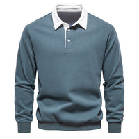 Blaues Polo-Sweatshirt für Herren, Baumwolle, Herbstmode, langärmelig, weißer Kragen.