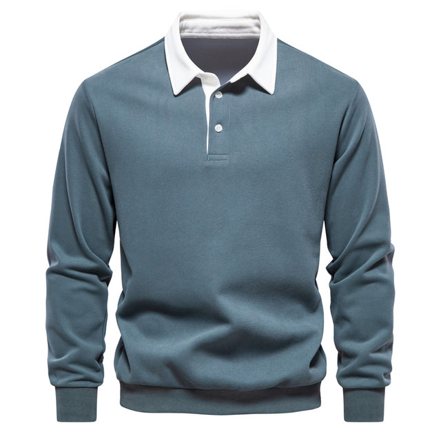 Blaues Polo-Sweatshirt für Herren, Baumwolle, Herbstmode, langärmelig, weißer Kragen.
