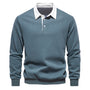Blaues Polo-Sweatshirt für Herren, Baumwolle, Herbstmode, langärmelig, weißer Kragen.