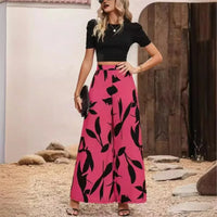 Damenhose mit weitem Bein, pink-schwarz, florales Muster, Frühling Sommer Mode 2024.