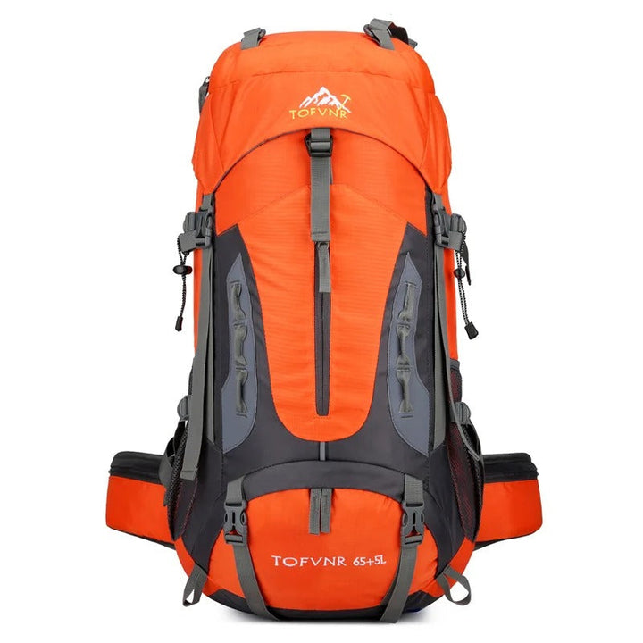 Orange Wanderrucksack 65L, wasserdicht, mit mehreren Taschen, ideal für Outdoor-Abenteuer.