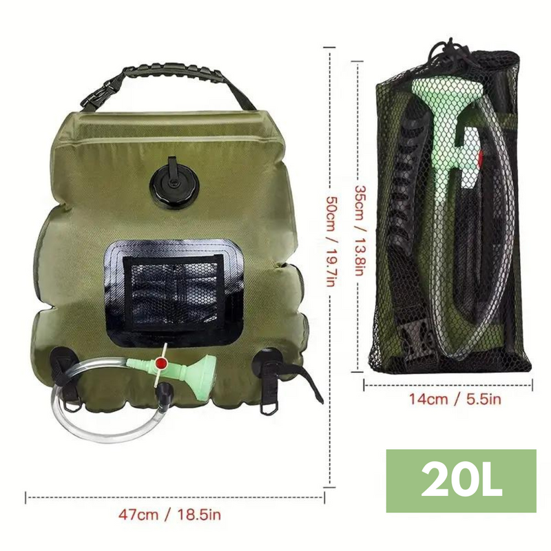 Grüner 20L Solardusche Campingbeutel mit Schlauch und Duschkopf, faltbar, Outdoor-Zubehör.