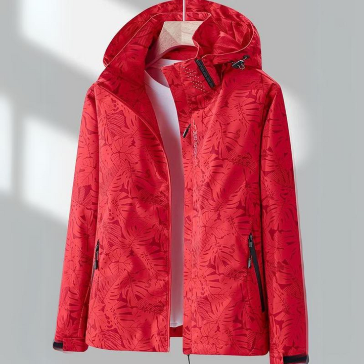 Rote Damenjacke mit Kapuze, florales Muster, Reißverschluss, Outdoor-Mode, Herbstbekleidung.