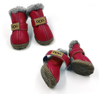 Rote Hundeschuhe aus Leder mit Fellfutter, rutschfeste Sohle, Klettverschluss, 4er-Set.