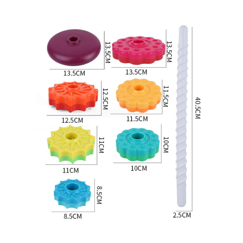 Bunte Silikon-Zahnräder und Stange, Montessori-Spielzeug, 8-teiliges Set, Maße angegeben