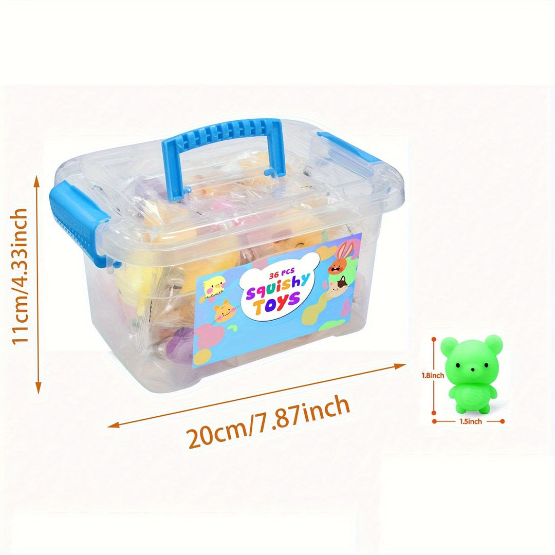 Transparente Aufbewahrungsbox mit 36 Squishy-Spielzeugen, blauer Griff, 20x11 cm.