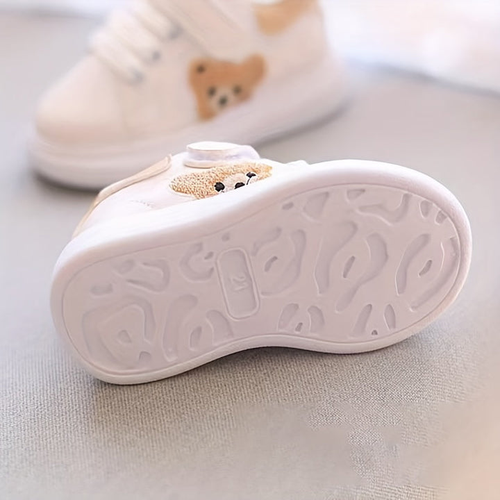 Weiße Babyschuhe mit Bärenmotiv, rutschfeste Sohle, Klettverschluss, Kinder Sneaker.