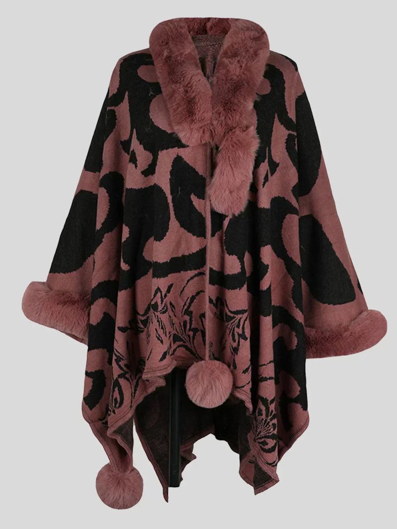 Damen Poncho mit Kunstfell, braun-schwarz, elegantes Design, Herbstmode, warm und stilvoll.