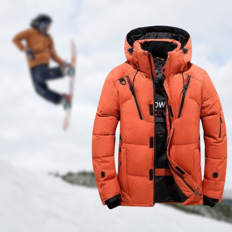 Orangefarbene Skijacke für Herren, wasserdicht, winddicht, ideal für Wintersport.