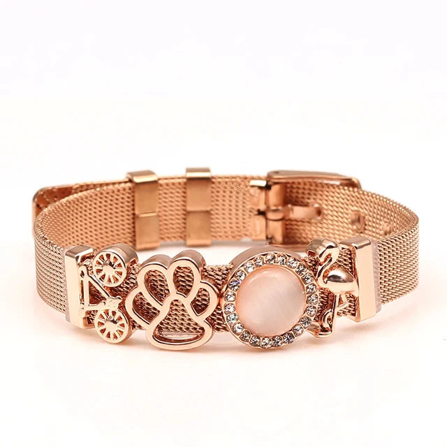 Roségoldenes Armband mit Pfotenanhänger, Strasssteinen, verstellbar, modisch, Damenaccessoire.