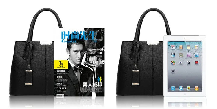 Schwarze Ledertasche mit Zeitschrift und Tablet, stilvoll, elegant, für Herren, Business-Accessoire.