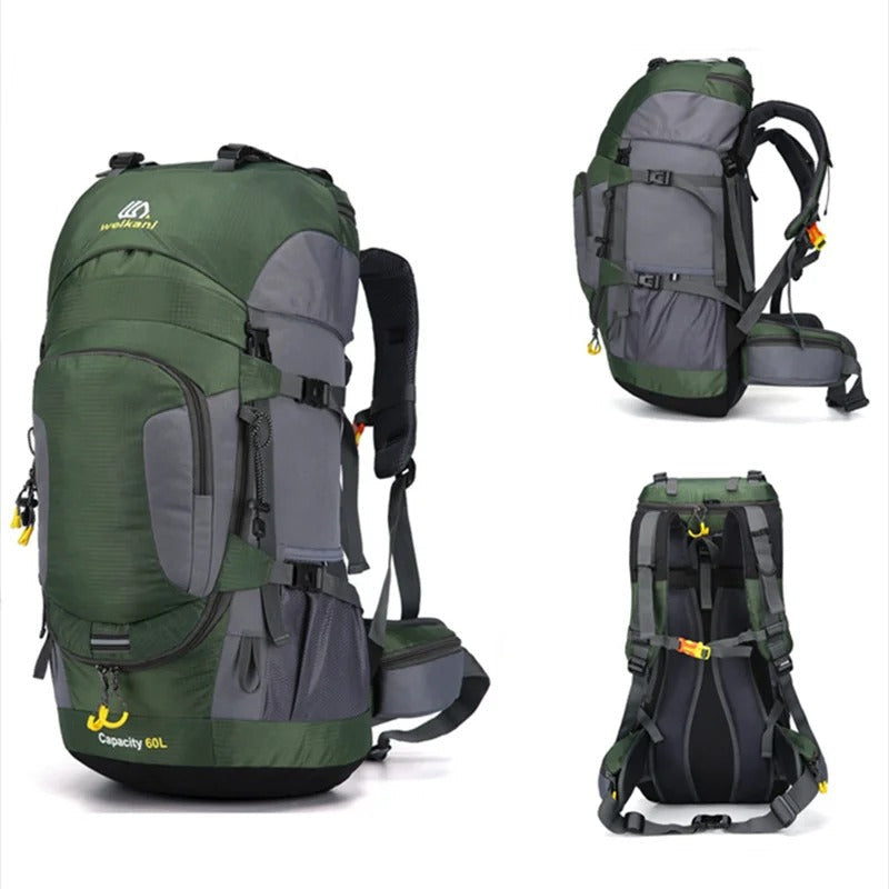 Grüner Wanderrucksack 60L, wasserdicht, mit mehreren Taschen und verstellbaren Gurten.