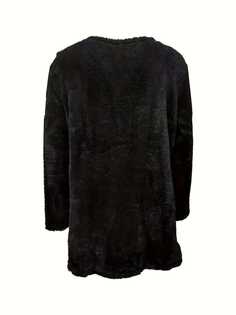 Schwarzer Kunstpelzmantel, langärmelig, elegant, warm, modisch, Damenbekleidung, Wintermode.