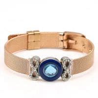 Roségoldenes Armband mit blauem Stein, Unendlichkeitssymbol, Damenmode, elegantes Schmuckdesign.