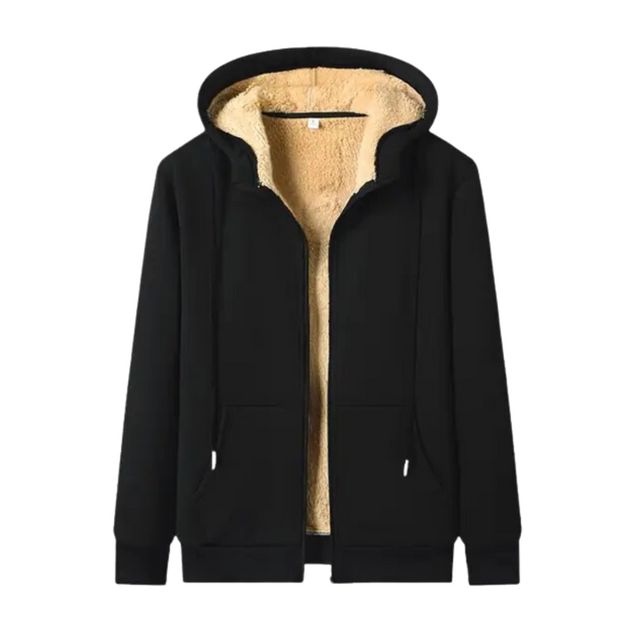 Schwarze Kapuzenjacke mit beigem Fleecefutter, Reißverschluss, warm, modisch, Unisex.