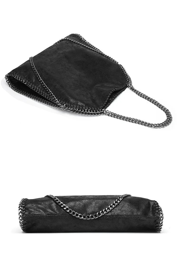 Schwarze Handtasche aus Leder mit Kettenriemen, modisch, elegant, Damenaccessoire.