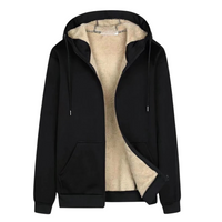 Schwarze Herren-Fleecejacke mit Kapuze, Reißverschluss, warmes Innenfutter, Wintermode.