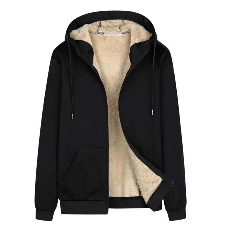 Schwarze Herren-Fleecejacke mit Kapuze, Reißverschluss, warmes Innenfutter, Wintermode.