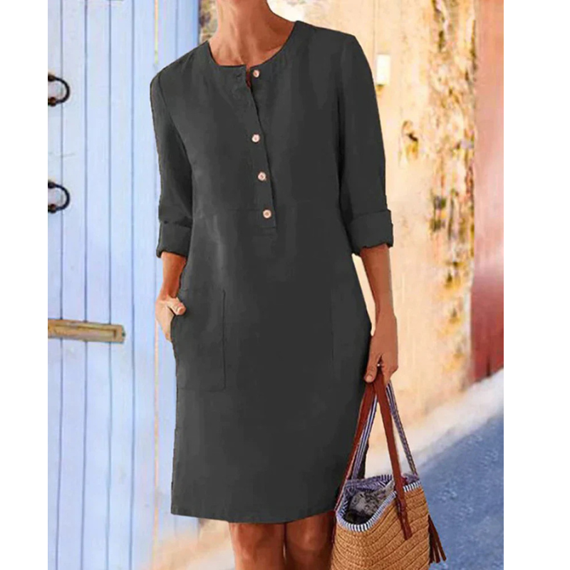 Herbstliches stilvolles Damen Freizeitkleid mit Taschen & Rundhalsausschnitt – Niva