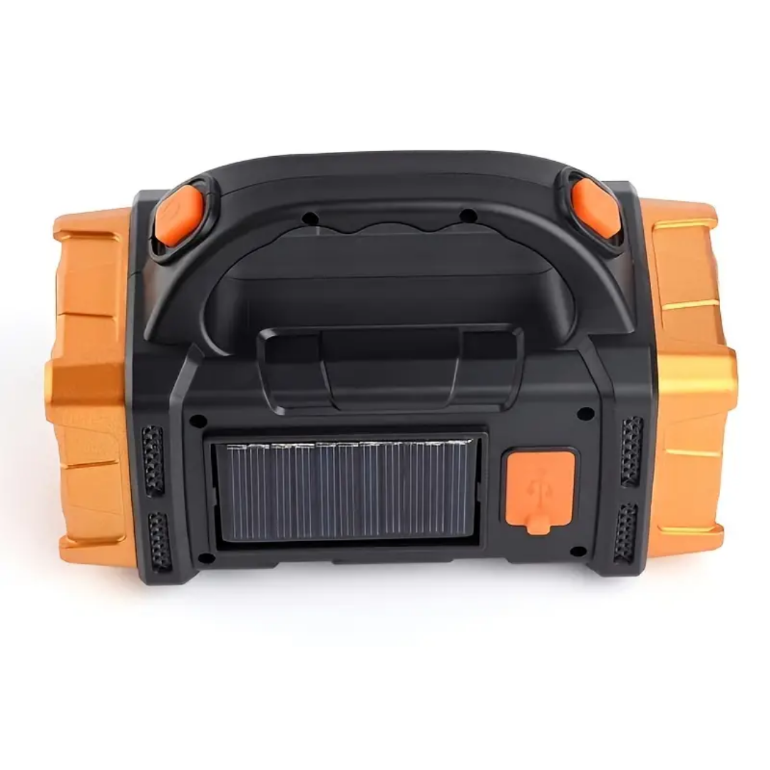 Schwarze und orange Solarlaterne mit Tragegriff, USB-Anschluss, tragbar, Outdoor-Lampe.