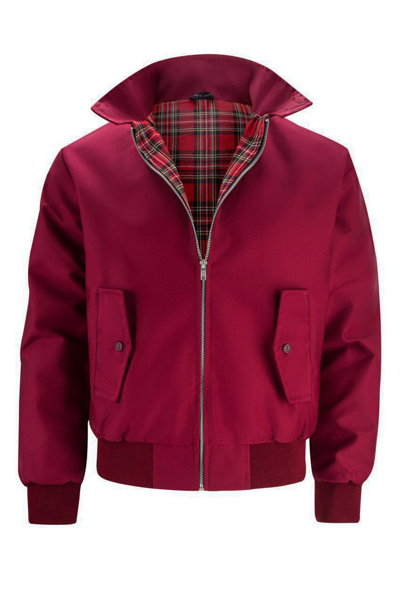 Rote Harrington-Jacke, kariertes Innenfutter, Reißverschluss, Baumwolle, Herrenmode.
