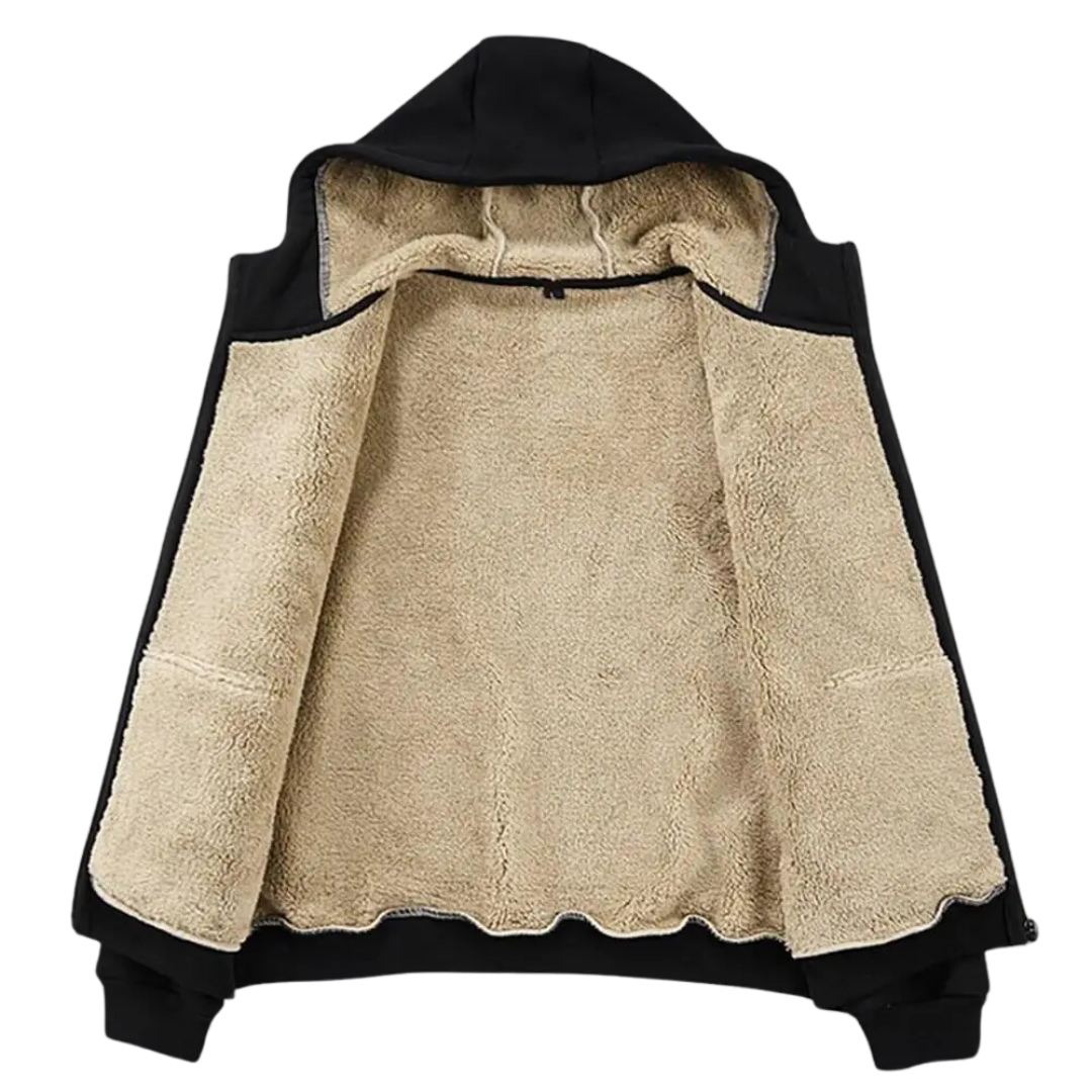 Schwarze Fleecejacke mit Kapuze, beige Innenfutter, warm, Wintermode, Unisex.